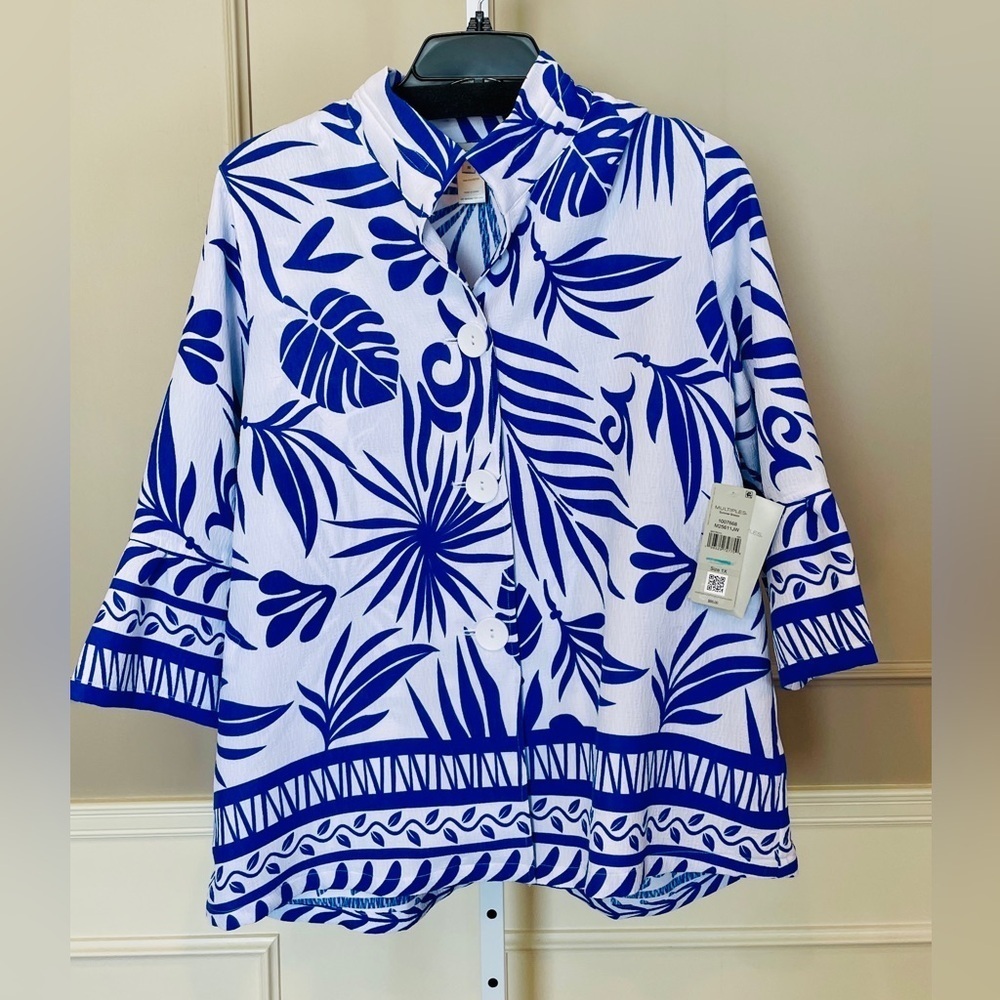 Multiples NWT 1X Button Down Wire Collar Blouse Shirt Top Blue Summer Breeze $85